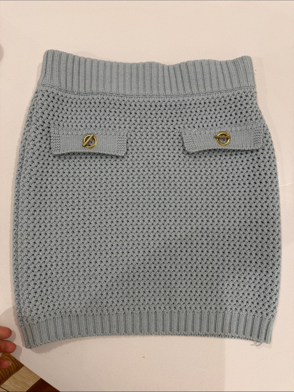 Light Blue Knit Mini Skirt with Decorative Buttons